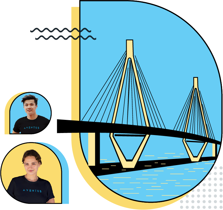 A decorative image featuring the Aventus bridge and two female members of the team